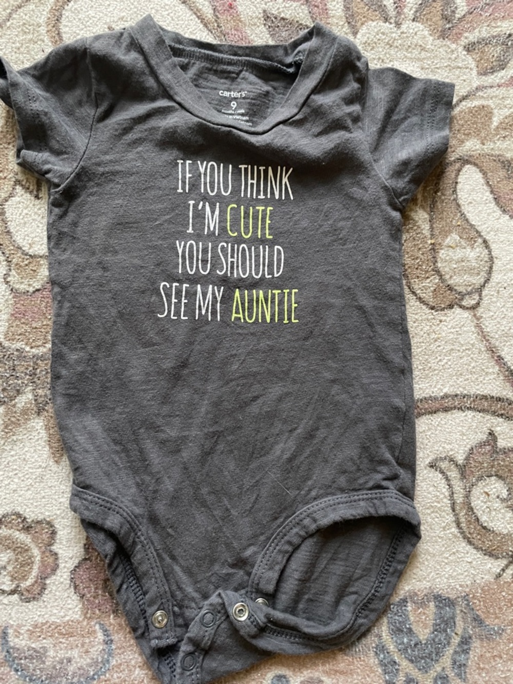 Carter's Dark Gray Graphic Baby One-Piece with Lime Accent Cute Aunt Auntie